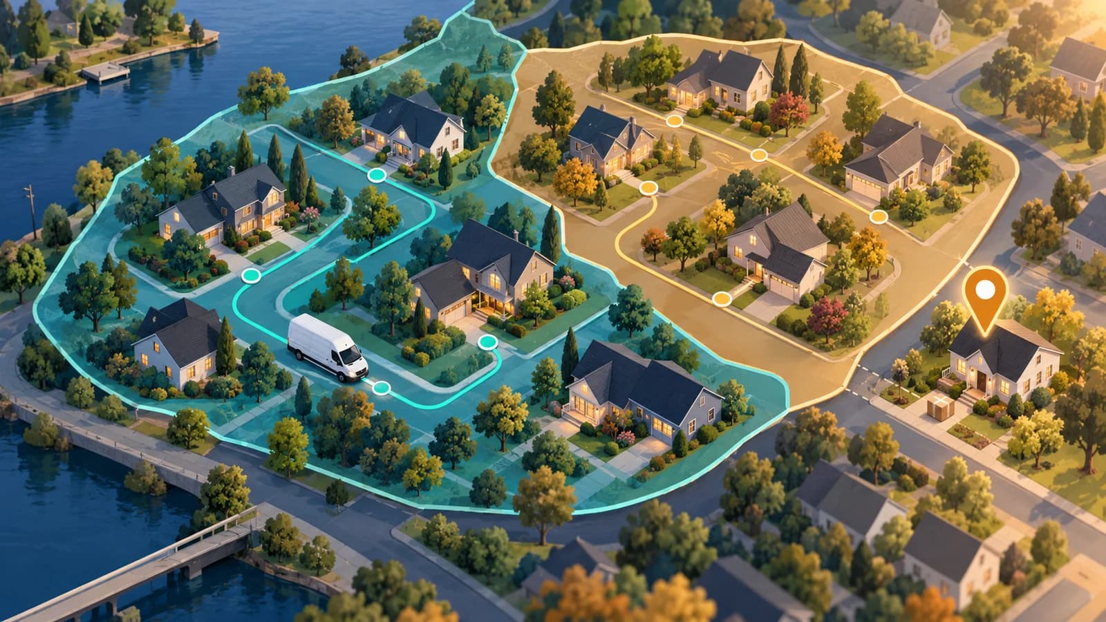 An amber delivery pin sits just outside the mapped delivery territories.