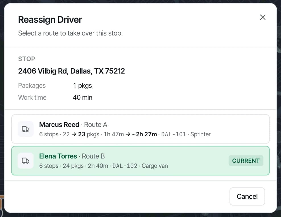 Fleetune Reassign Driver dialog showing the stop being moved with 1 package and 40 minutes of work time, and the receiving route going from 22 to 23 packages and from 1 hour 47 minutes to about 2 hours 27 minutes