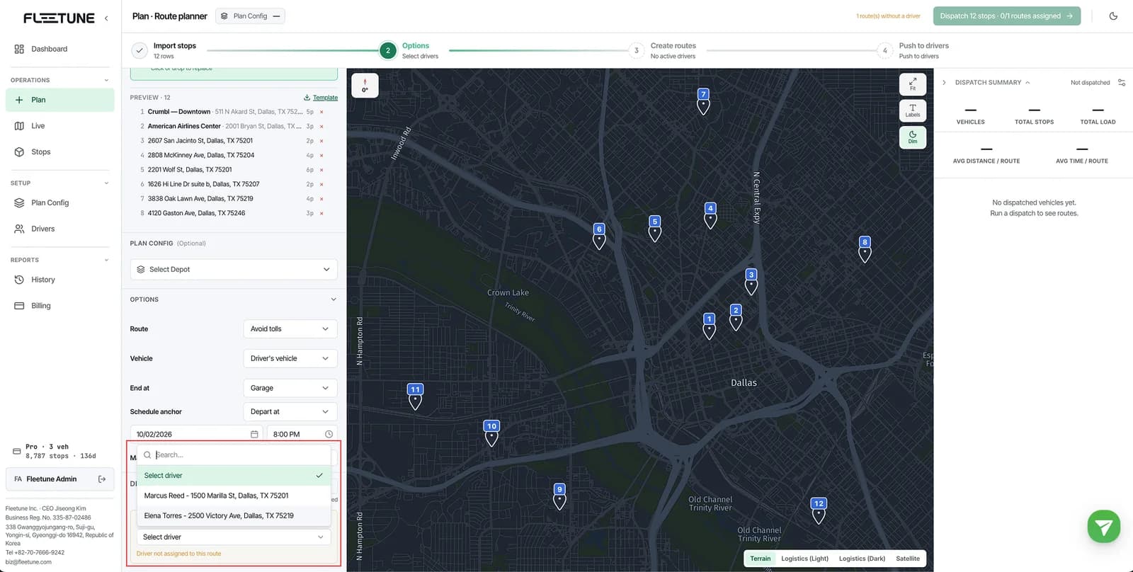 Fleetune Plan driver selection list showing the drivers available for today's routes