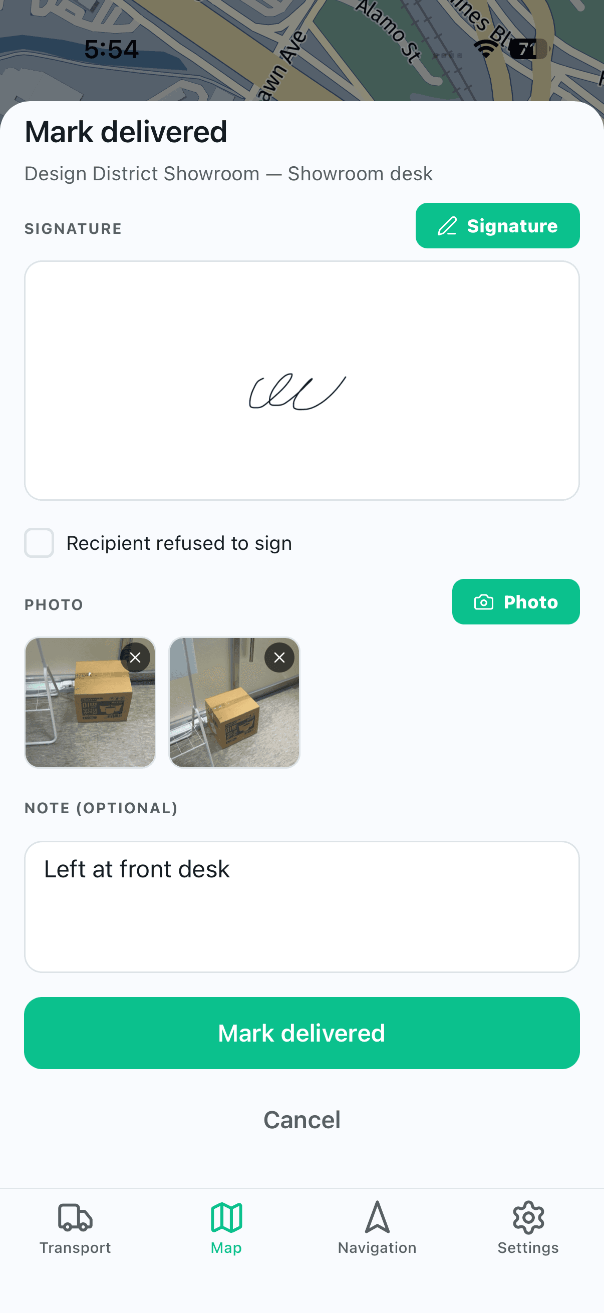 Proof of delivery with signature, note, and timestamped photos