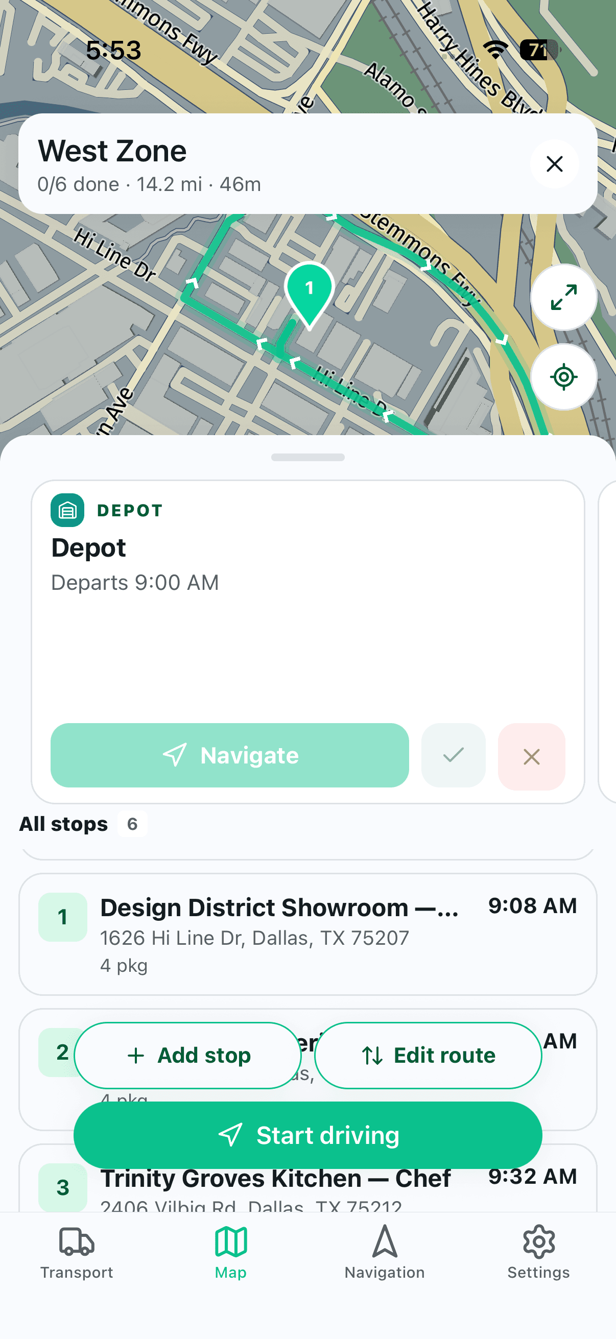 Driver managing their route — add stop, edit route, and start driving