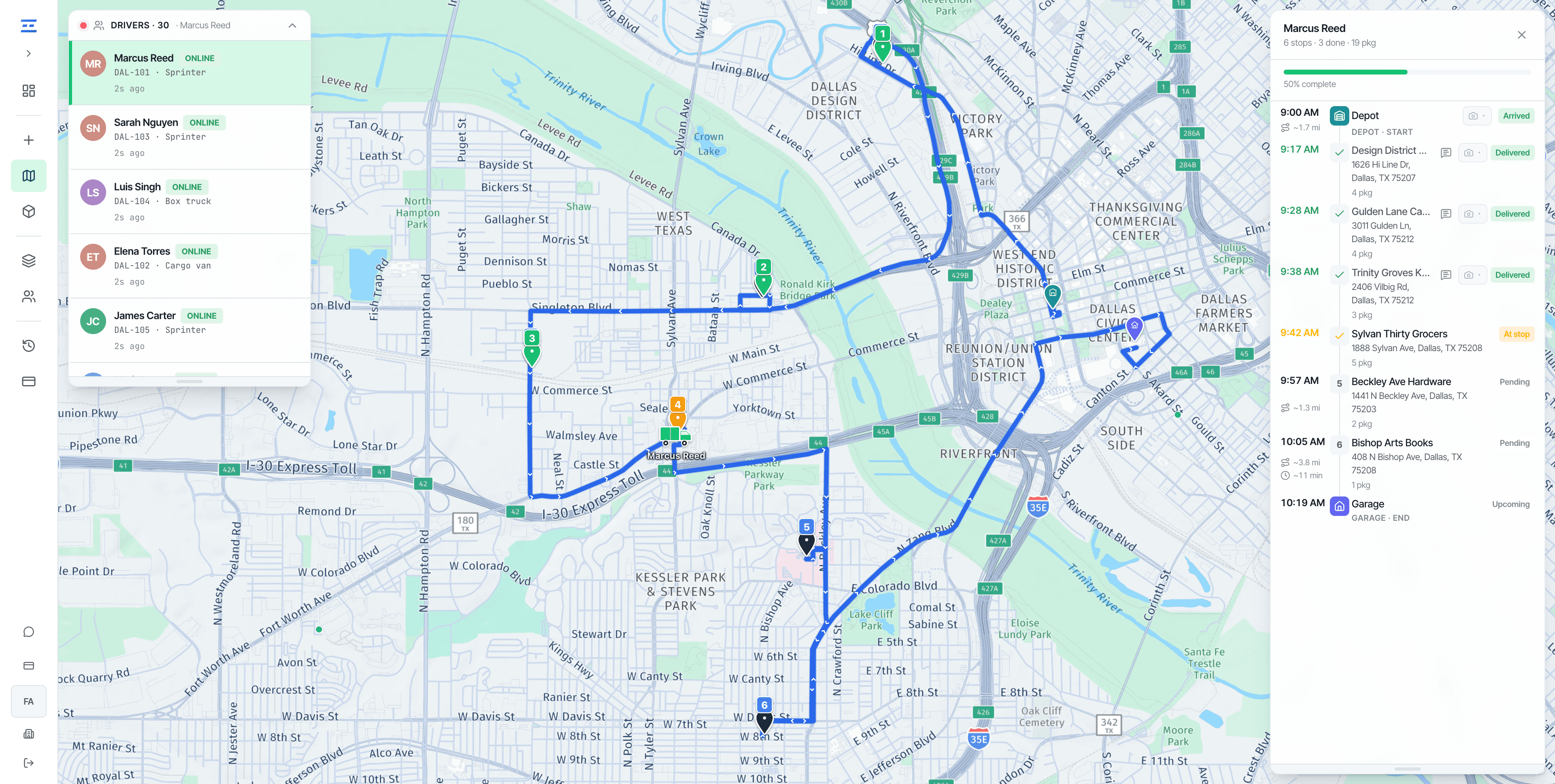 Real-time tracking focused on one driver's active route with progress overlay