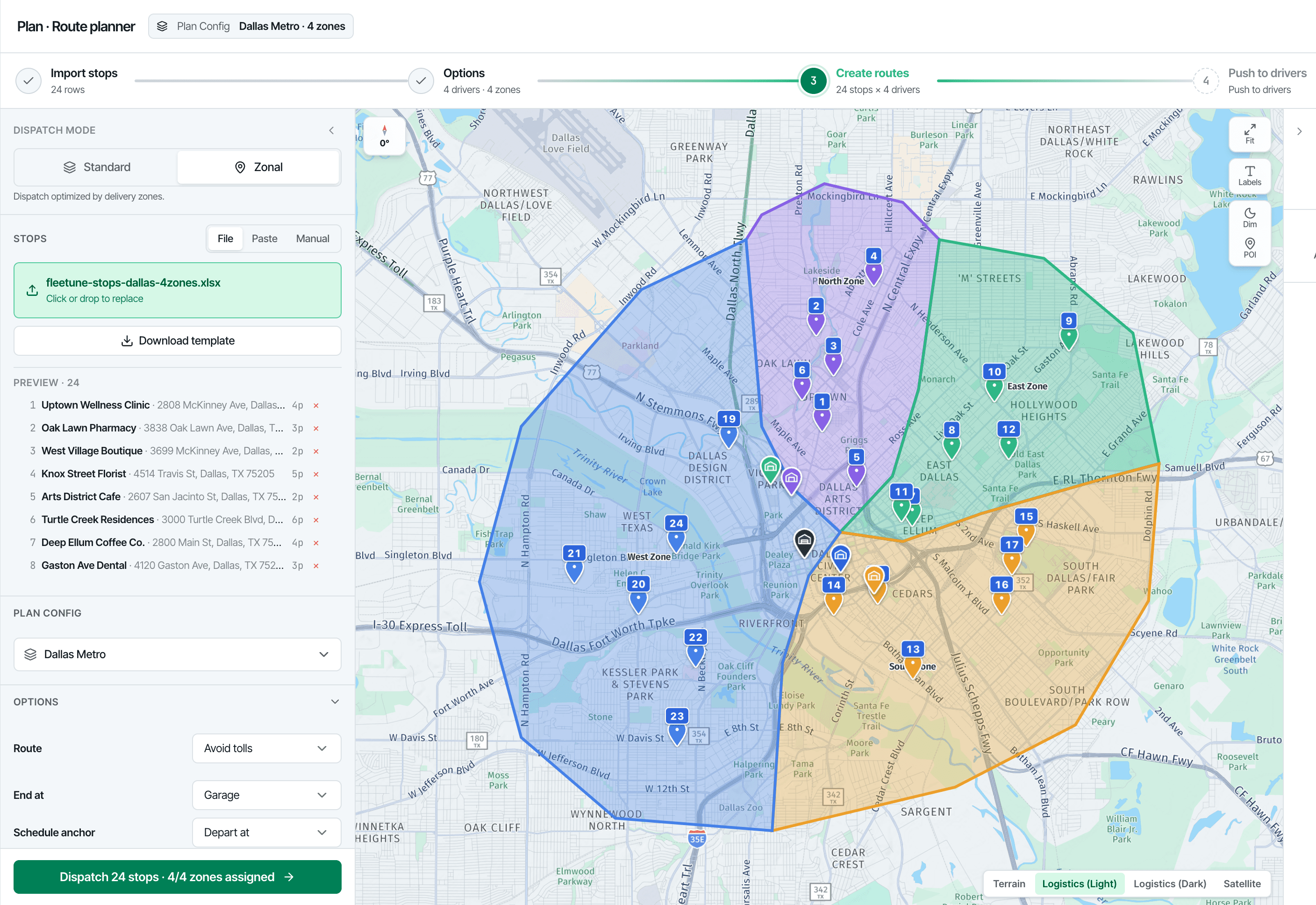 Imported stops pinned across four delivery zones in the Fleetune route planner